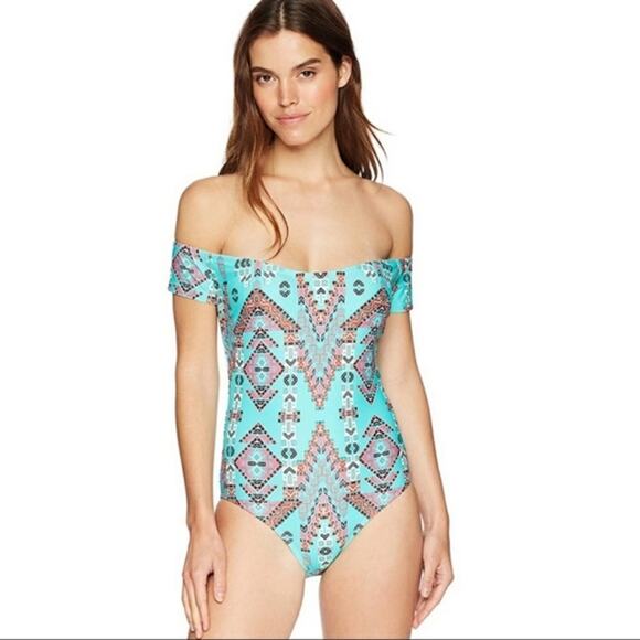Mae Amazon Green Swimwear Off the Shoulder One Piece Swimsuit Geometric Large - Picture 1 of 10
